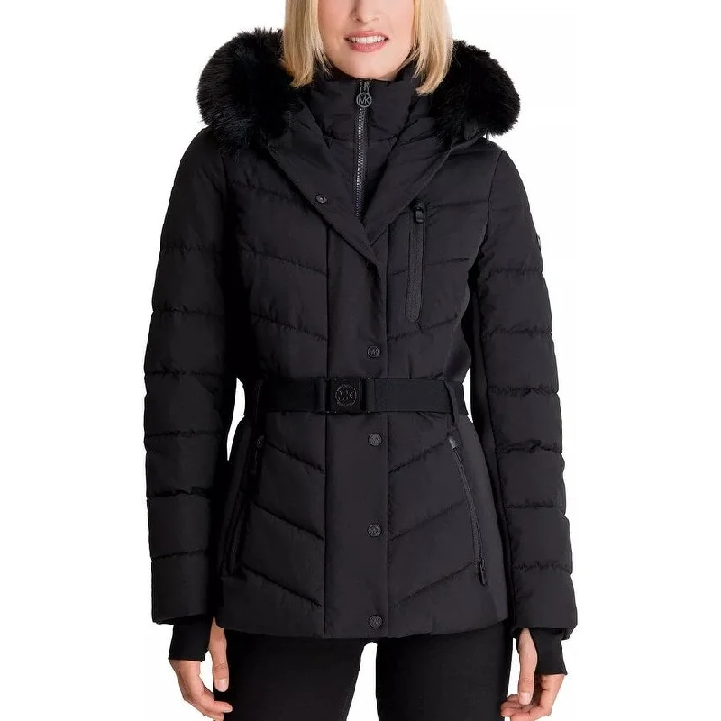 women's belted trench coat -Michael Michael Kors Women's Faux Fur Hooded Puffer Scuba Belted Coat Jacket Black