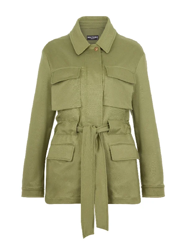 ladies' puffer jacket -Belted Khaki Jacket