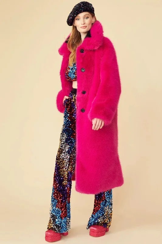 elegant long coat for women -Pink Knitted Bamboo Faux Fur Coat