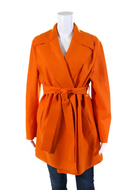 cropped faux leather jacket for women -Sharis Place Womens Belted Collared V Neck Coat Orange Wool