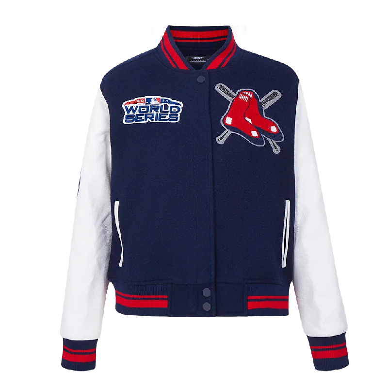 structured blazer jacket for women -MLB BOSTON RED SOX MASHUP WOMEN'S RIB WOOL VARSITY JACKET (MIDNIGHT NAVY/RED/MIDNIGHT NAVY)