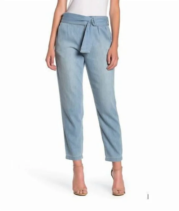 high-waisted ripped jeans for women -Belted Paperbag Soft Denim High Rise Pants In Light Wash