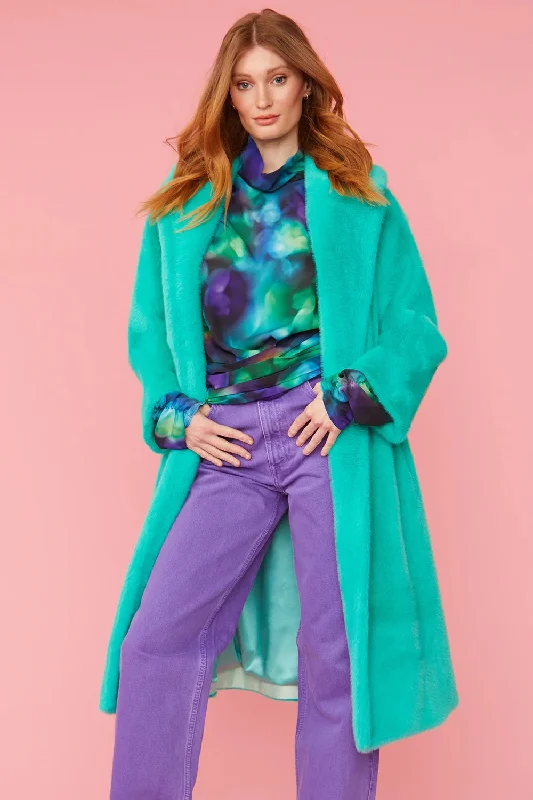 soft touch sherpa coat for women -Turquoise Duchess Faux Fur Maxi Coat