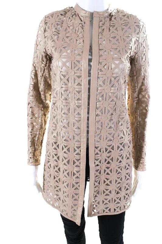 women's cropped bomber jacket -In Transit Womens Laser Cut Leather Hook & Eye Long Jacket Beige