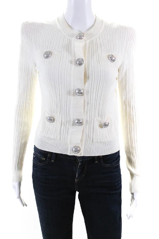 ladies' designer overcoat -Balmain Womens White Ribbed Button Embellished Long Sleeve Light Jacket