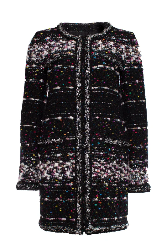 sustainable eco-friendly coat for women -black boucle coat with multi-colored weave