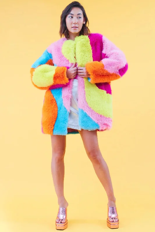 women's lightweight cargo jacket -Multi-Coloured Rainbow Faux Fur Coat