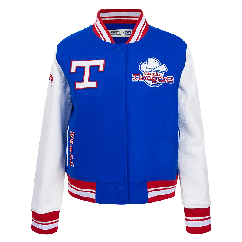 urban style cropped puffer jacket -MLB TEXAS RANGERS RETRO CLASSIC WOMEN'S RIB WOOL VARSITY JACKET (ROYAL BLUE/RED)