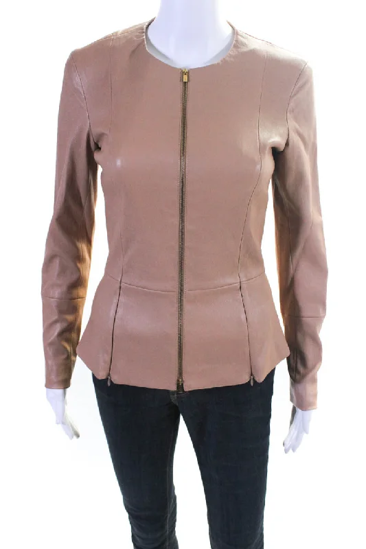 sleek satin bomber jacket for women -The Row Womens Front Zip Long Sleeve Crew Neck Leather Jacket Brown