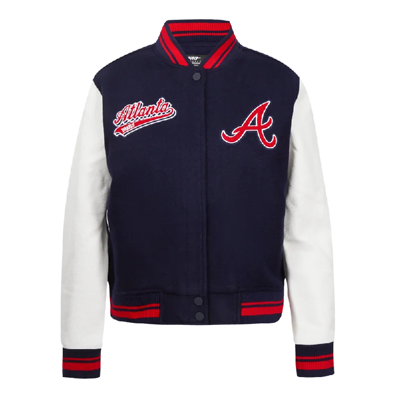 sporty track jacket for women -MLB ATLANTA BRAVES SCRIPT TAIL WOMEN'S WOOL VARSITY JACKET (MIDNIGHT NAVY/RED/MIDNIGHT NAVY)