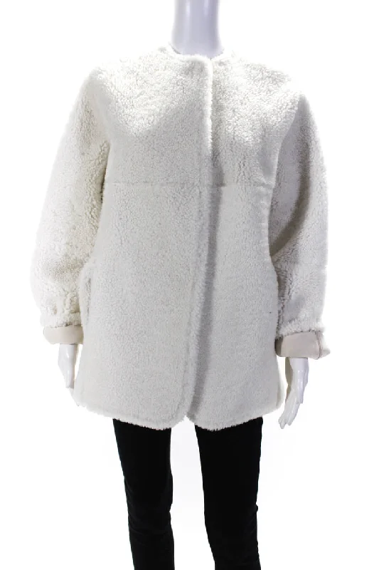 breathable softshell jacket for women -Lafayette 148 New York Womens White Fur Dyed Lamb Reversible Coat