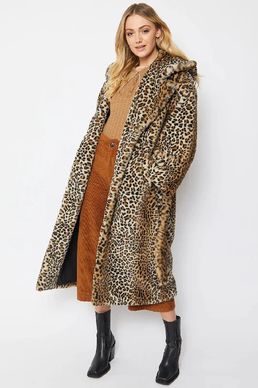 fitted wool blend coat for women -Leopard Print Hooded Mocha Maxi Coat