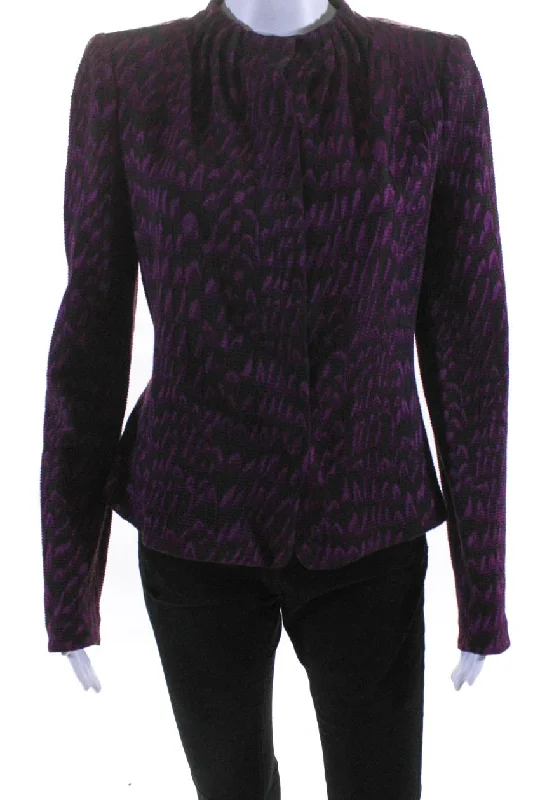 urban style cropped puffer jacket -Armani Collezioni Womens Purple Printed Crew Neck Long Sleeve Jacket