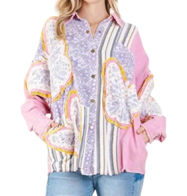 women's thermal long coat -Butterfly Patch Jacket In Pink/purple