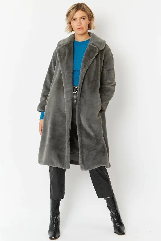 ladies' waterfall drape coat -Grey Faux Fur Midi Shaved Shearling Coat