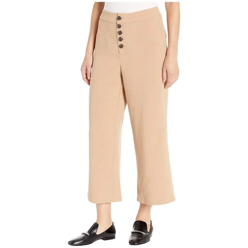 women's full-length bootcut jeans -Riga Button Front Wide Leg Trouser In Caramel