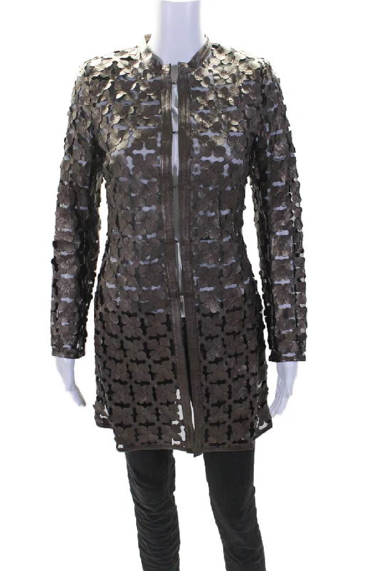 fashionable metallic puffer jacket for women -In Transit 2 Womens Bronze Leather Mesh Crew Neck Long Sleeve Jacket