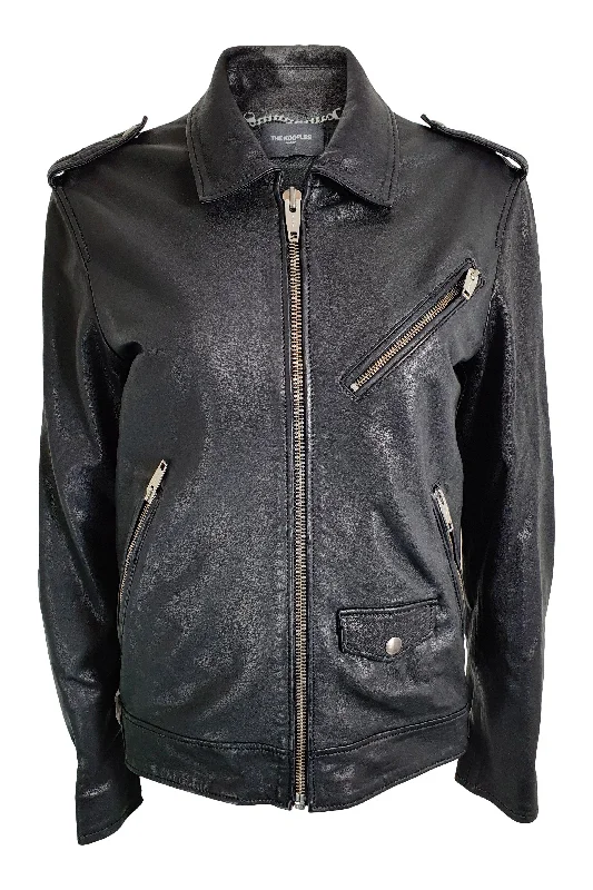 women's faux fur coat -THE KOOPLES Black Washed Lambs Leather Zip Front Biker Jacket (XS)