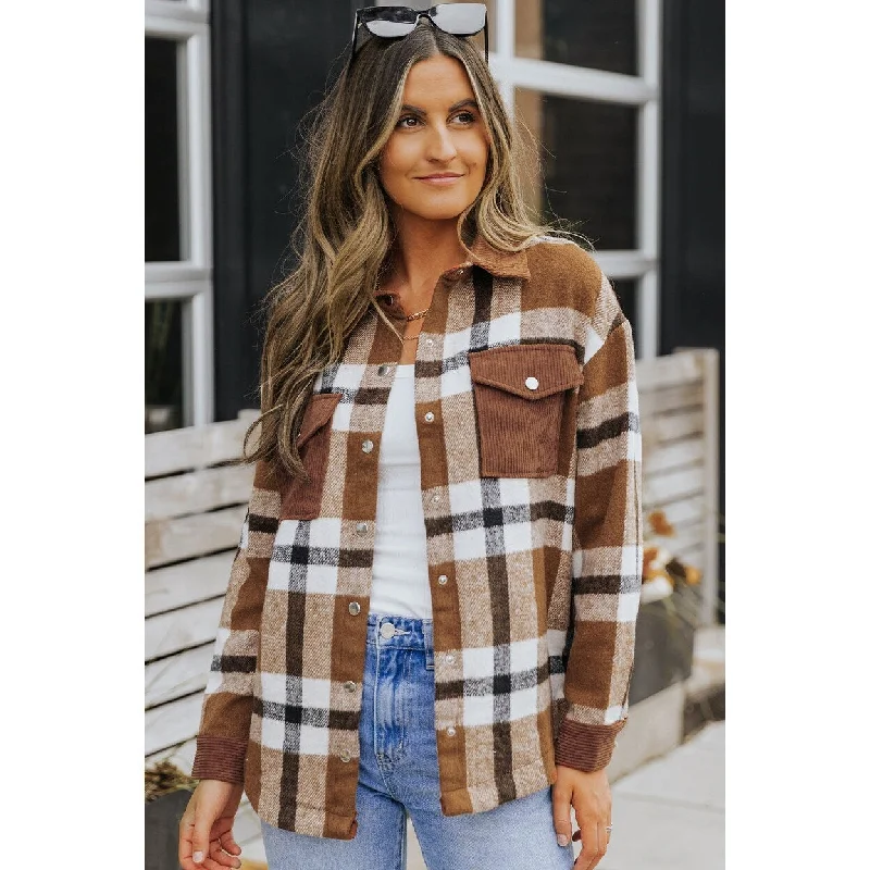 ladies' soft knit cardigan coat -Phoebe Pocketed Buttoned Plaid Shirt Jacket