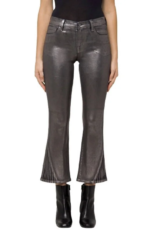 ladies' straight-cut denim jeans -Selena Mid-Rise Crop Boot Cut Jeans In Foiled Chrome