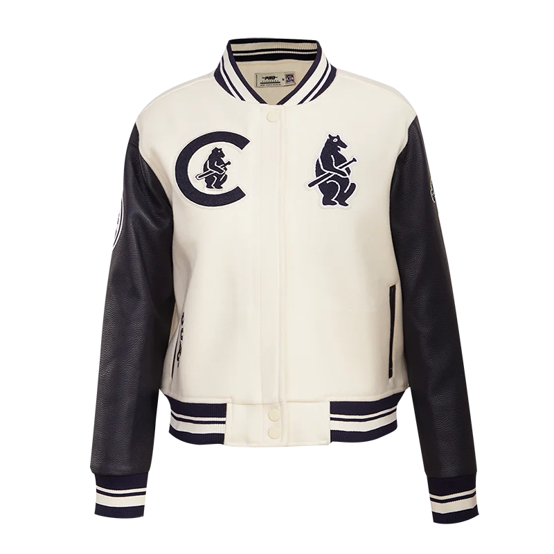 women's long trench coat -MLB CHICAGO CUBS RETRO CLASSIC WOMEN'S RIB WOOL VARSITY JACKET (EGGSHELL/ MIDNIGHT NAVY)