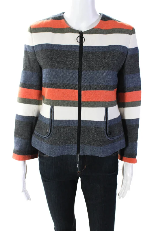 women's mid-length wool coat -Akris Punto Womens Cotton Striped Print Full Zip Jacket Multicolor