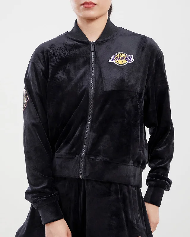 breathable softshell jacket for women -NBA LOS ANGELES LAKERS CLASSIC WOMEN'S VELOUR FZ TRACK JACKET (BLACK)