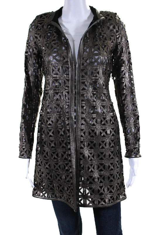 casual linen jacket for women -In Transit Womens Laser Cut Metallic Mesh Leather Jacket Brown Black