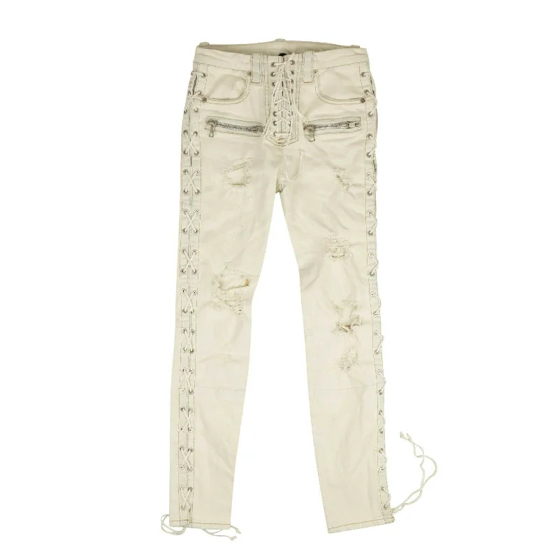 high-rise mom jeans for women -Unravel Project Washout Denim Side Lace Up Skinny Jeans - White