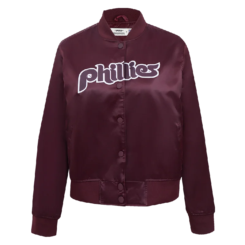 fitted wool blend coat for women -MLB PHILADELPHIA PHILLIES RETRO CLASSIC WOMEN'S SATIN JACKET (WINE)