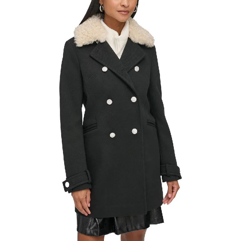 stylish fleece-lined coat for women -Karl Lagerfeld Paris Womens Double Breasted Faux Fur Collar Pea Coat