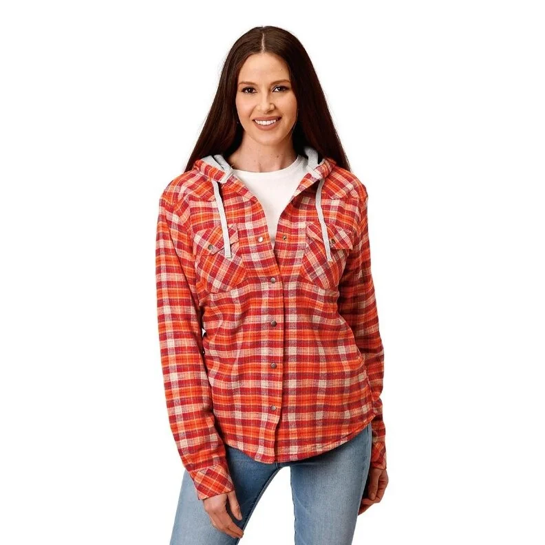 women's double-breasted coat -Roper Western Jacket Women Plaid Flannel Orange 03-098-0119-4692 OR