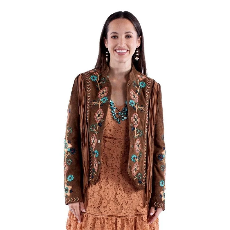 sophisticated evening coat for women -Scully Western Jacket Womens Embroidered Fringe Brown Lamb F0_L1157