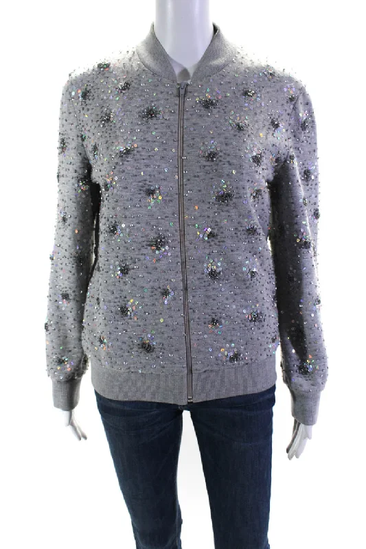 women's casual denim jacket -Ashish Womens Gray Sequins Beaded Long Sleeve Cotton Bomber Jacket