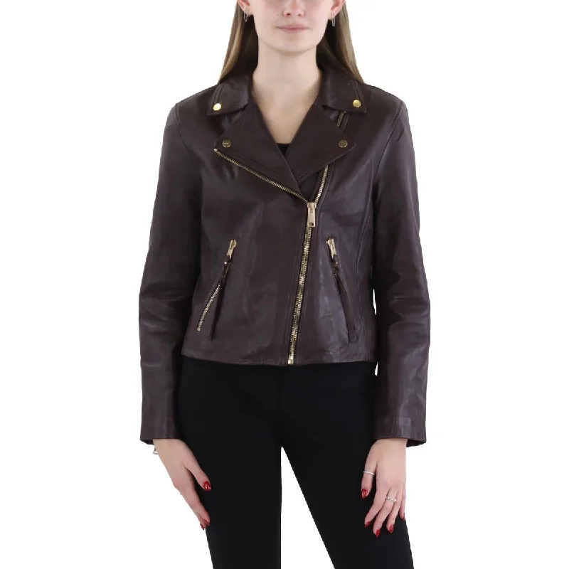 double-layered long coat for women -All Saints Womens Lambskin Leather Asymmetric Motorcycle Jacket