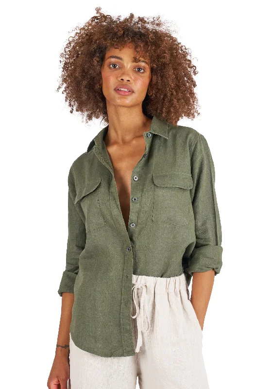 ladies' flowy chiffon blouse -Lete-Linen Olive Green Classic Linen Shirt With Pockets