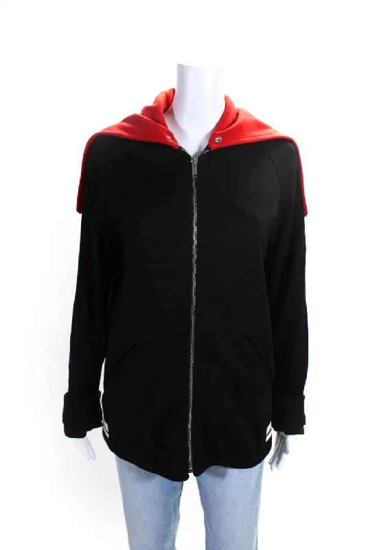 stylish fleece-lined coat for women -Valentino Womens Full Zipper Jacket Black Red Cotton Blend