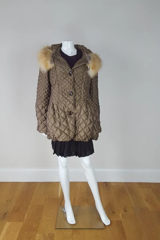 women's lightweight jacket -CARLA BUTTI Brown Quilted Padded Fur Trim Coat (44)