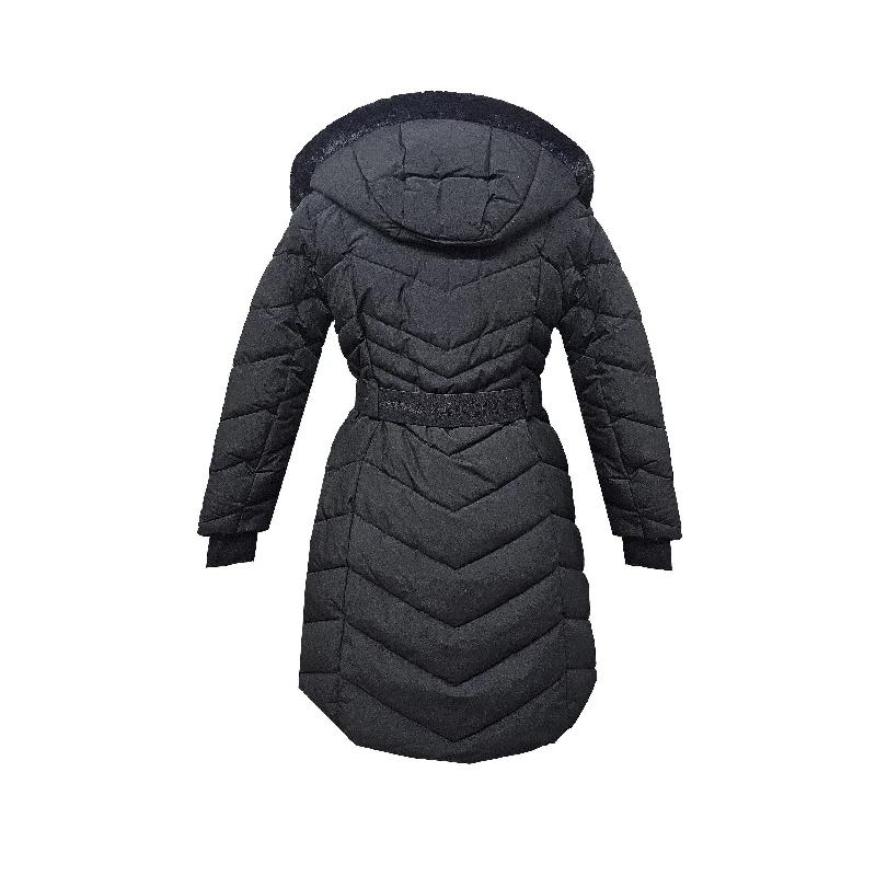 women's double-breasted coat -Michael Michael Kors Women's Black Chevron 3/4 Belted Scuba Coat with Removable Hood