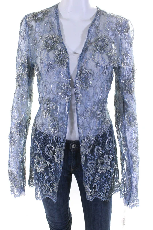 chic oversized blazer for women -Badgley Mischka Women's Open Front Sequin Lace Jacket Blue