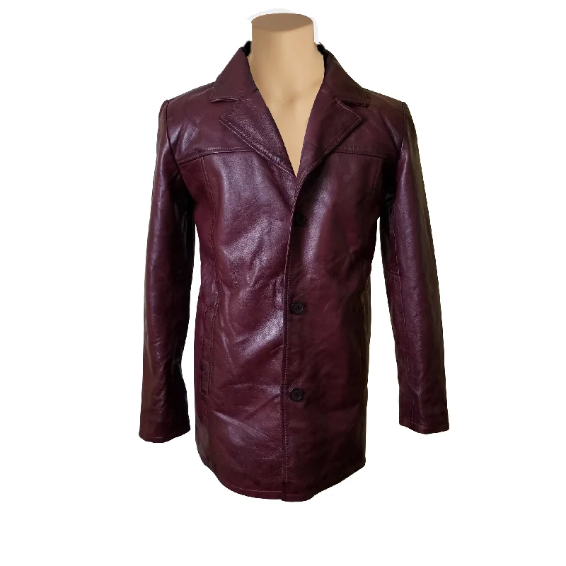 winter-ready women's parka -Krueger's maroon buttoned leather blazer