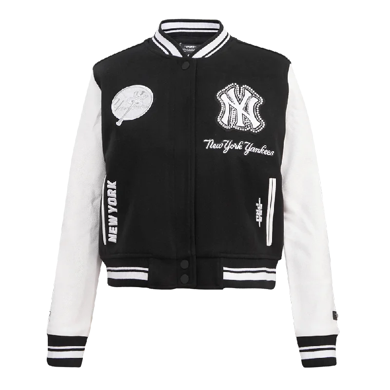 military-style coat for women -MLB NEW YORK YANKEES PEARLS WOMEN'S RIB WOOL VARSITY JACKET (BLACK/WHITE)