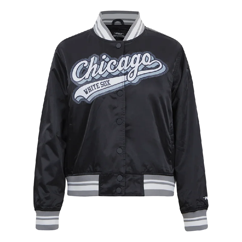 warm padded coat for women -MLB CHICAGO WHITE SOX SCRIPT TAIL WOMEN'S SATIN JACKET (BLACK/GRAY)