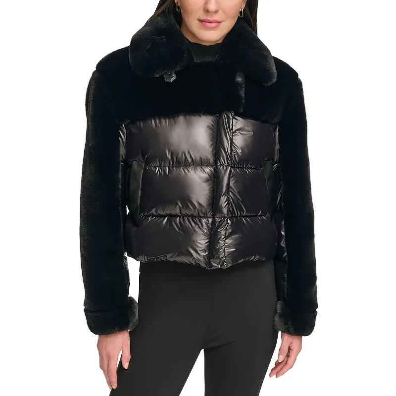 waterproof windproof raincoat for women -DKNY Womens Quilted Faux Fur Trim Puffer Jacket