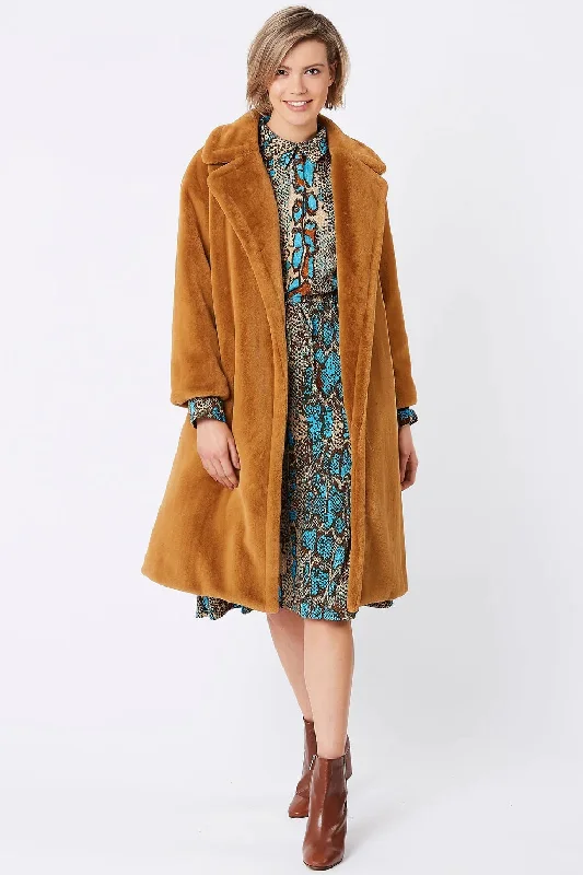 classic trench raincoat for women -Mocha Faux Fur Midi Shaved Shearling Coat