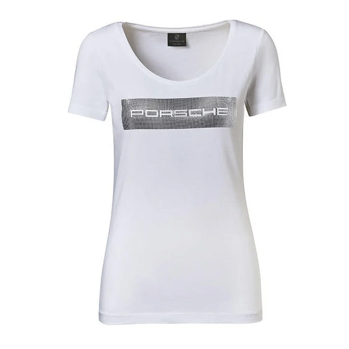 trendy tie-front crop top for ladies -Porsche Lettering Women's T-shirt, White