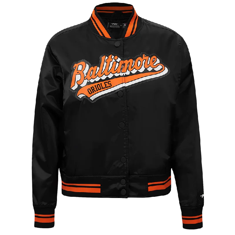 fitted wool blend coat for women -MLB BALTIMORE ORIOLES SCRIPT TAIL WOMEN'S SATIN JACKET (BLACK/ORANGE)