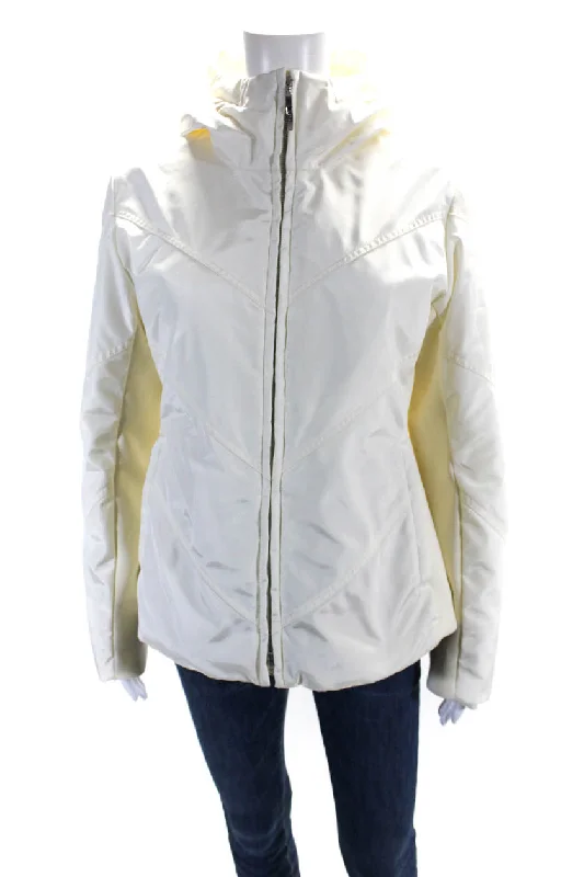 women's relaxed boyfriend blazer -Post Card Womens Long Sleeve Full Zip Quilted Hooded Jacket Ivory White