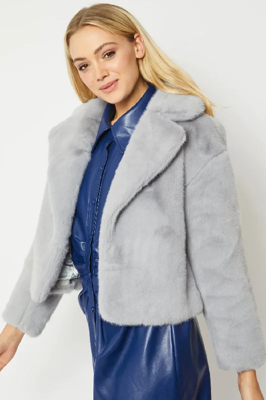 cropped wool blazer for women -Grey Faux Fur Jacket