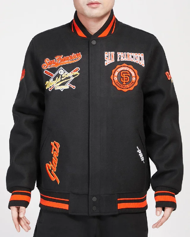 ladies' faux suede jacket -MLB SAN FRANCISCO GIANTS CREST EMBLEM RIB WOOL VARSITY JACKET (BLACK/ORANGE)